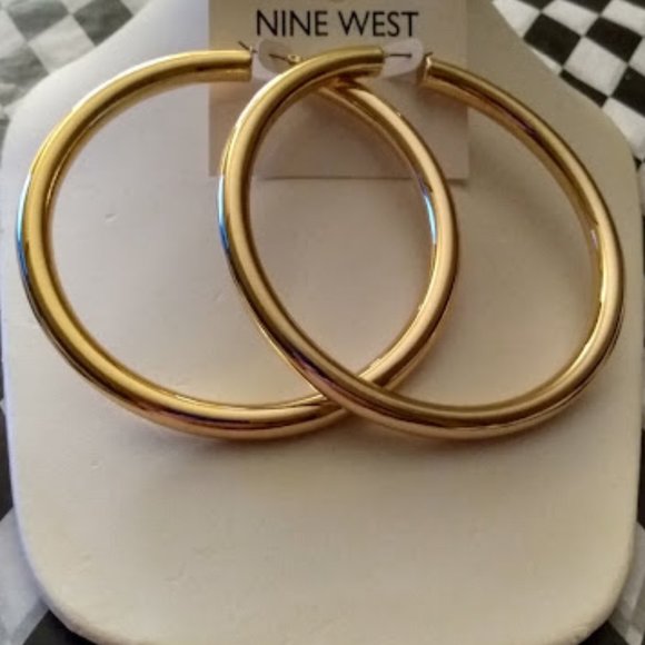 NINE WEST Hip Hop Gold Shiny Smooth Tube 3.5" Hoop Earrings**NEW! - Picture 2 of 3